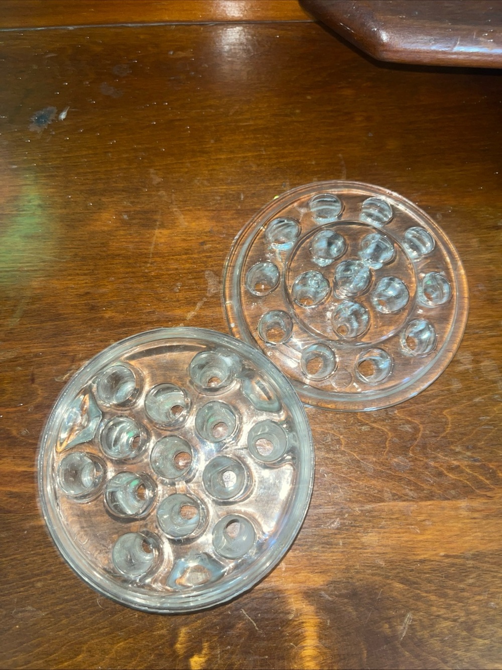 Two Vintage 5” 13 & 16 Hole Glass Flower Frogs Nice